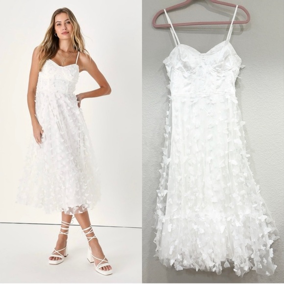 Size S - NWOT Lulus‎ Time to Fly White Butterfly Lace-Up Midi Dress - Picture 1 of 10